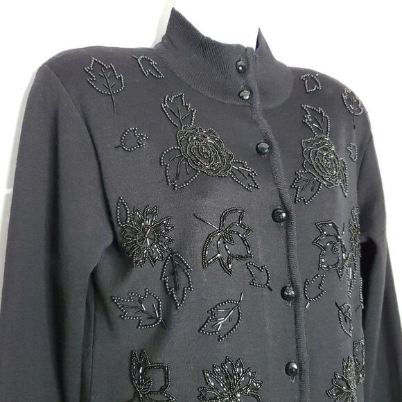 Vtg Button Down Beaded Wool Blend Sweater Dress M Floral Leaf Button Front Black - Picture 2 of 6